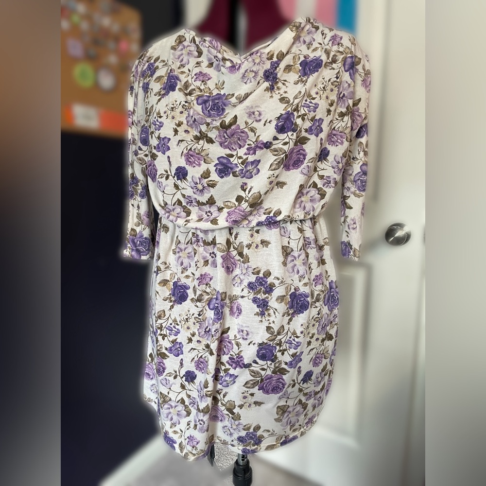 Purple and Cream Floral Pattern Mini Tunic Dress